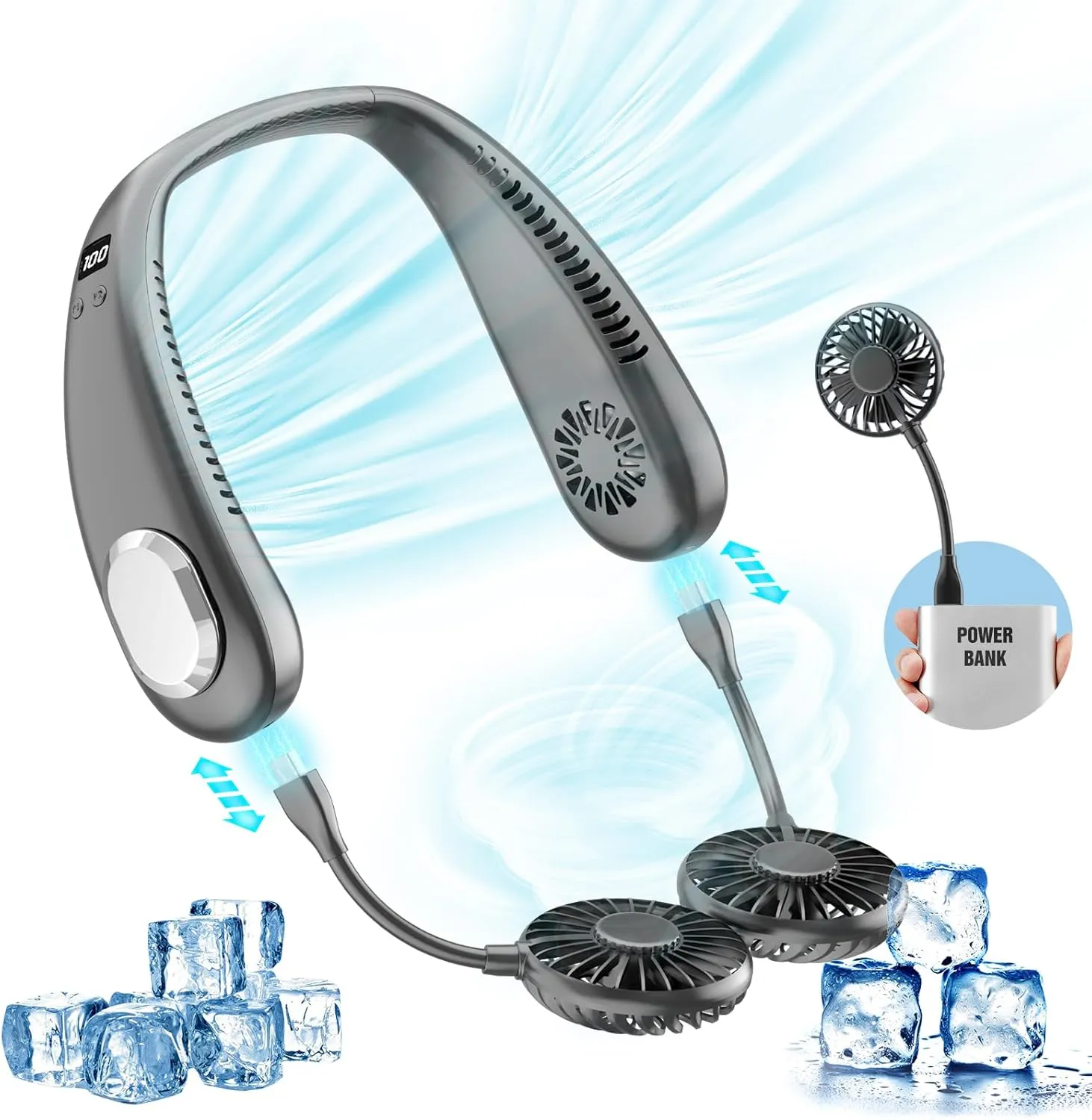 Portable Neck Fan, 9000mAh Hand Free Neck Fan, Neck Fan Air Conditioner, Bladeless Cooling Personal Neck Fan with 4 Air Outlet 3 speed for Travel, Camping, Yard Work, White Neck fan for hands-free comfort
