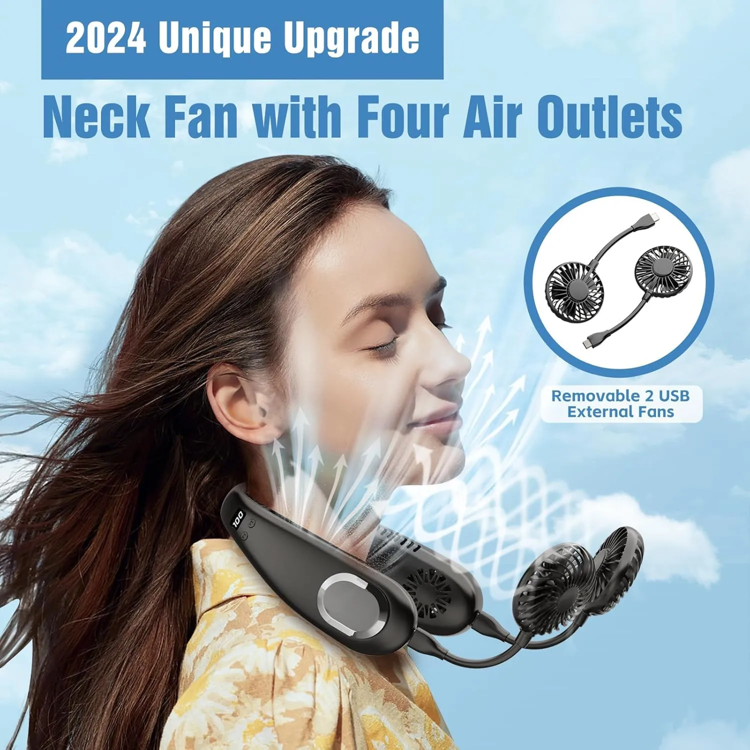 Portable Neck Fan, 9000mAh Hand Free Neck Fan, Neck Fan Air Conditioner, Bladeless Cooling Personal Neck Fan with 4 Air Outlet 3 speed for Travel, Camping, Yard Work, White