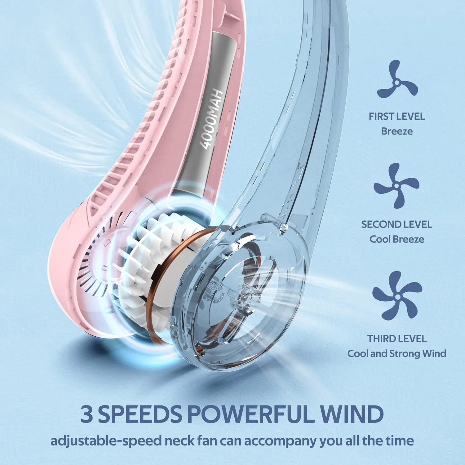 Portable Neck Fan, Hands Free Bladeless Fan, 360 Cooling Personal Fan,Wearable Quiet Fan for Outdoor Indoor, Birthday Gifts for Men Women Mom Dad, 4000mAh Battery USB Rechargeable, 3-Speeds (Pink)