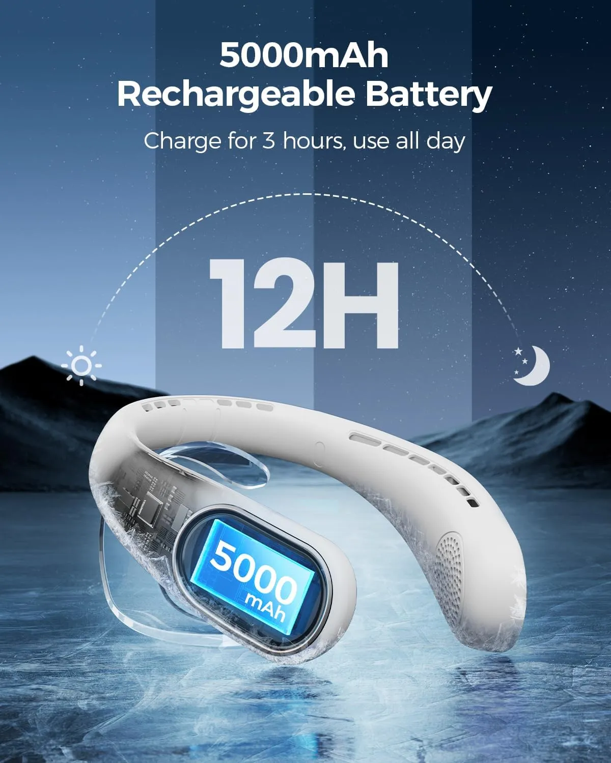 Portable Neck Fan - Hands Free Personal Fan, Rechargeable Bladeless Fan with 5000mAh-Battery, Digital Display, 4 Speeds, Birthday Gifts for Men, Women, Mom, and Dad - White