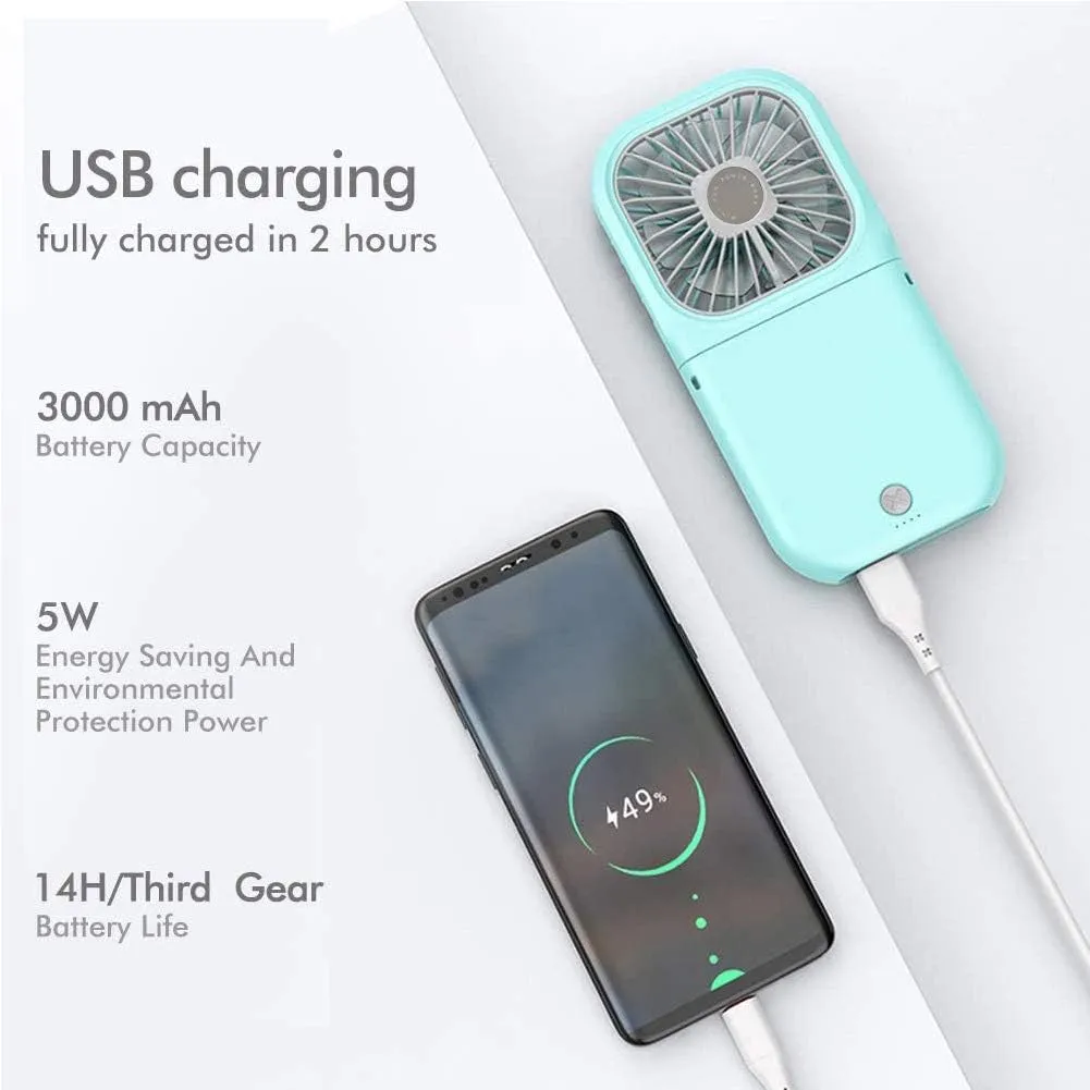 Portable Neck Fan Mini Quiet Handheld Personal Foldable USB Rechargeable Fan Operated for Home Office Outdoor Travel, 3000mAh Power Bank Hands Free Necklace Fans (Blue)