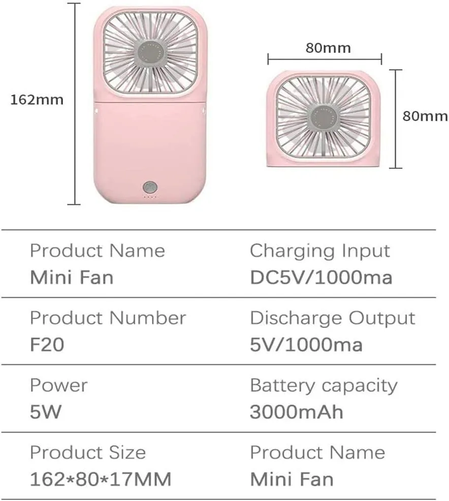 Portable Neck Fan Mini Quiet Handheld Personal Foldable USB Rechargeable Fan Operated for Home Office Outdoor Travel, 3000mAh Power Bank Hands Free Necklace Fans (Pink)