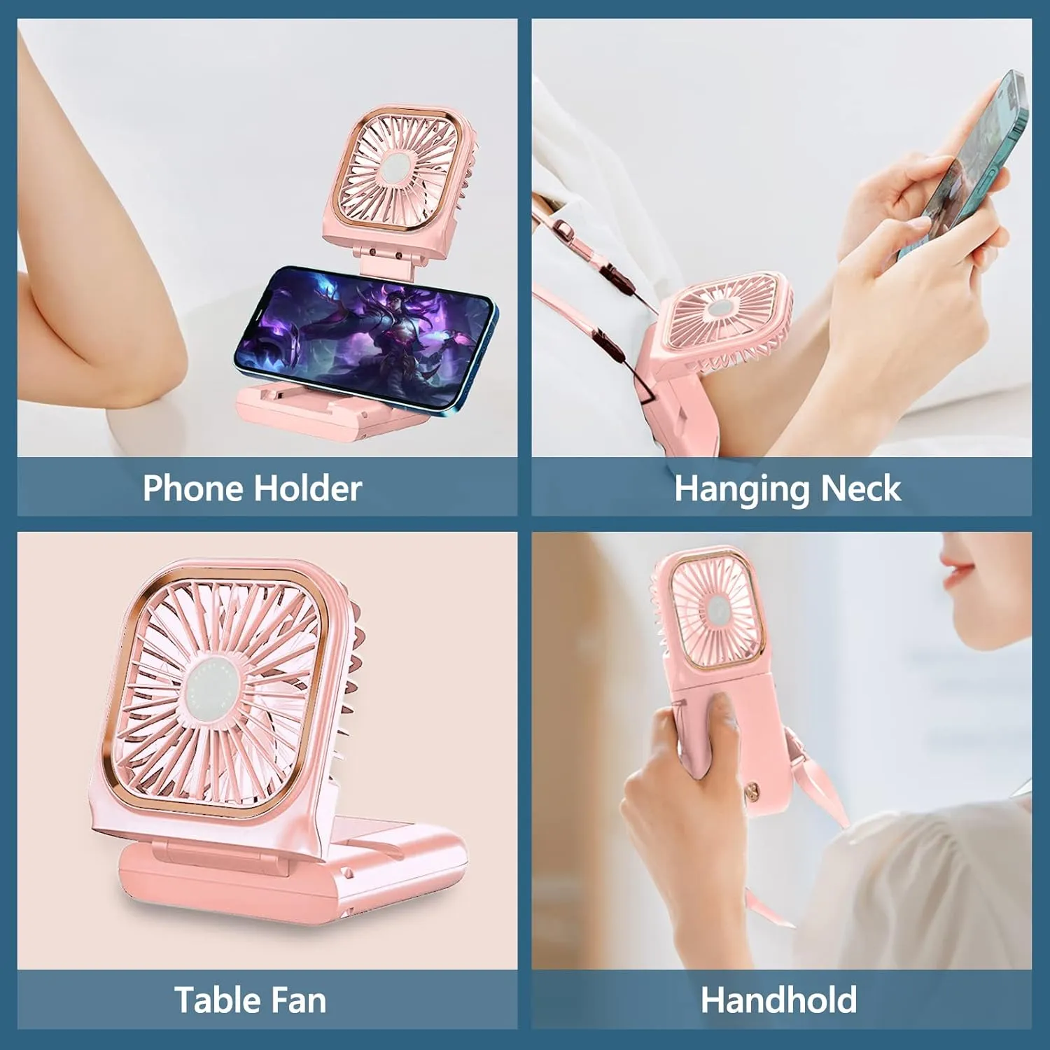 Portable Neck Fan Mini Quiet Handheld Personal Foldable USB Rechargeable Fan Operated for Home Office Outdoor Travel, 3000mAh Power Bank Hands Free Necklace Fans (Update Pink)