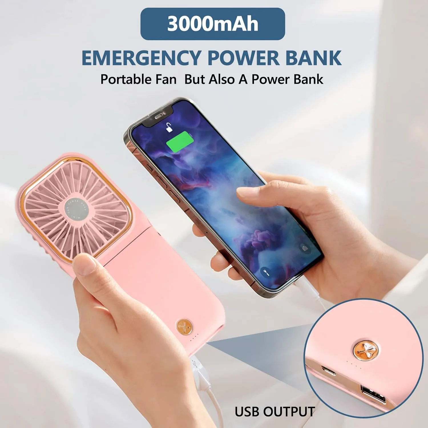Portable Neck Fan Mini Quiet Handheld Personal Foldable USB Rechargeable Fan Operated for Home Office Outdoor Travel, 3000mAh Power Bank Hands Free Necklace Fans (Update Pink)