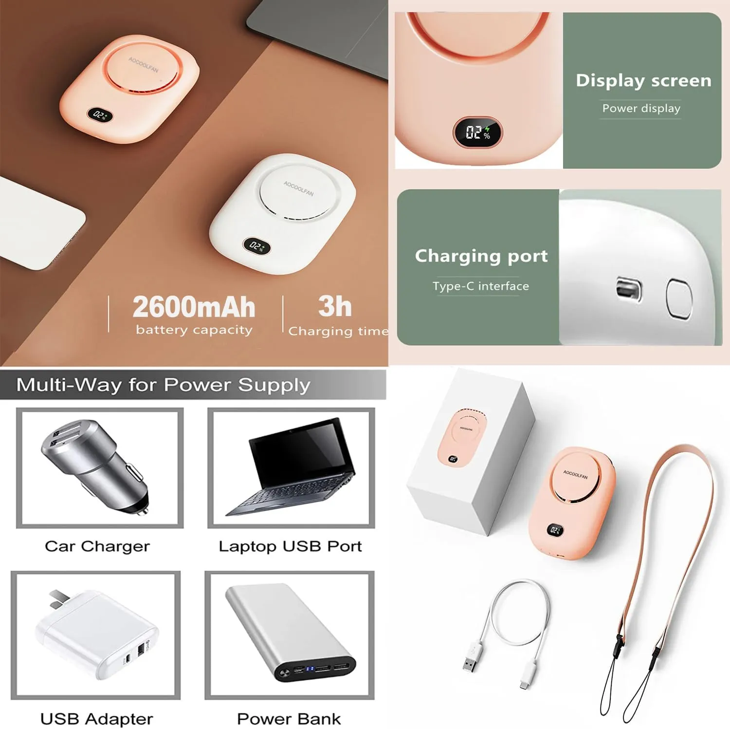 Portable Neck Fan, Mini Small Personal Handheld Fan USB Rechargeable 3 Speed for Girls Boys Woman Eyelash Travel Home Office Outdoor (Pink)