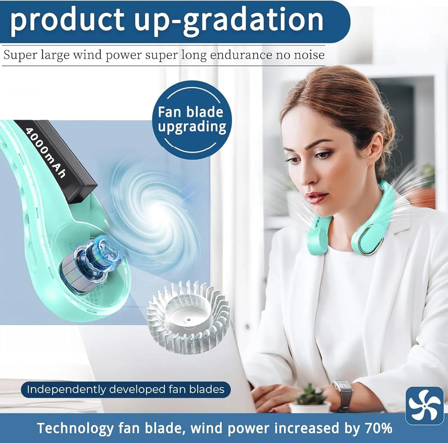 Portable Neck Fan, Neck Fans for Women, 4000 mAh Rechargeable Personal Fan,360 Hands Free Bladeless Fan, 3 Speeds Adjustable, Faster Cooling, Super Quiet, Suitable for Home, Office, Travel