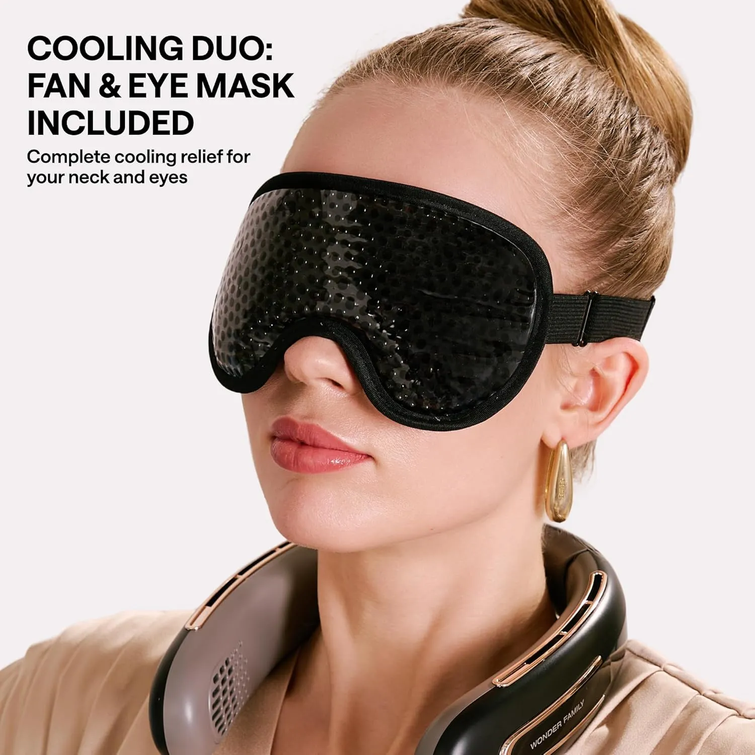 Portable Neck Fan - Rechargeable Battery - Extended Package with Cooling Mask for Eyes, Personal Brush - Black and White Pack