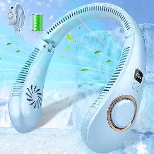 Portable Neck Fan Rechargeable-Cooling Neck Fan,Folding neck fans for women rechargeable,Wireless Mini Powerful Headphone Personal Neck Fans,Battery Operated Festival Gifts Women Men Adults Kids Blue Neck fan for hands-free comfort