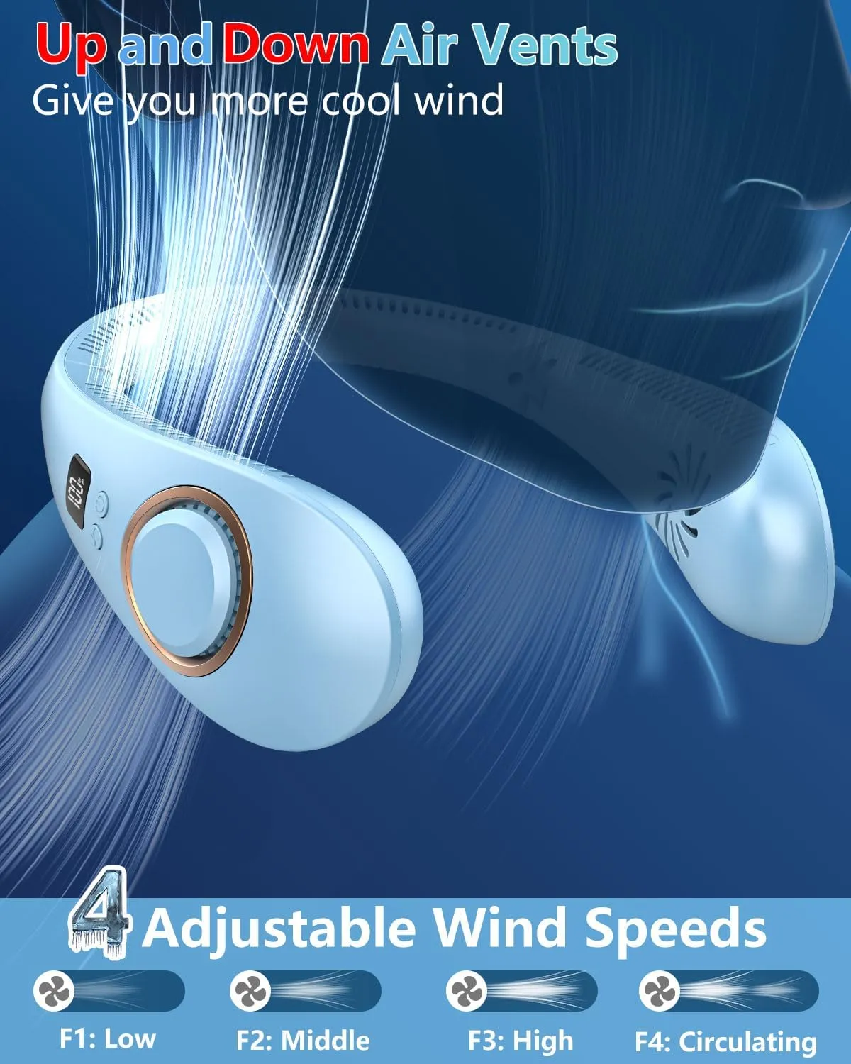 Portable Neck Fan Rechargeable-Cooling Neck Fan,Folding neck fans for women rechargeable,Wireless Mini Powerful Headphone Personal Neck Fans,Battery Operated Festival Gifts Women Men Adults Kids Blue