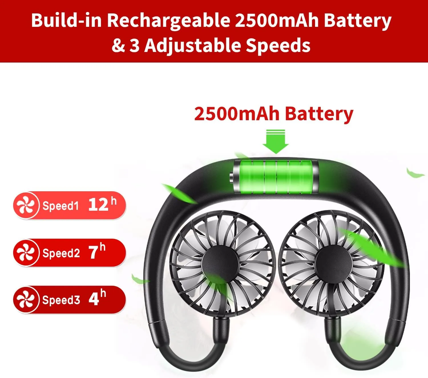 Portable Neck Fan Rechargeable Personal Hand-Free Fan Mini USB Wearable Neckband Sport Fan, 3 Speed Adjustable, 360 Degrees Free Rotation Perfect for Working, Traveling, Office, Reading (Full Black)