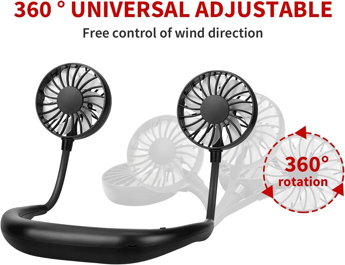 Portable Neck Fan Rechargeable Personal Hand-Free Fan Mini USB Wearable Neckband Sport Fan, 3 Speed Adjustable, 360 Degrees Free Rotation Perfect for Working, Traveling, Office, Reading (Full Black)