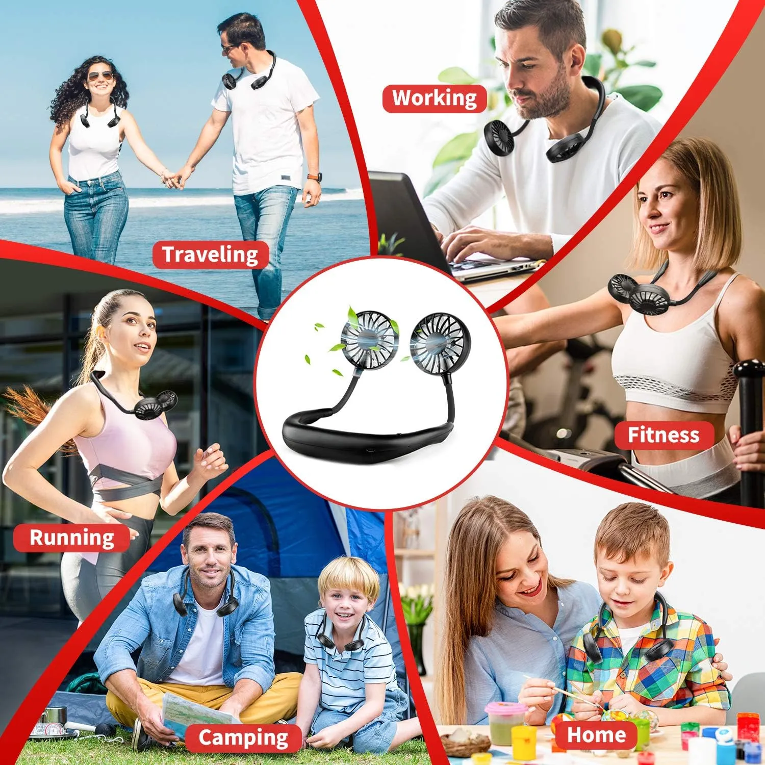 Portable Neck Fan Rechargeable Personal Hand-Free Fan Mini USB Wearable Neckband Sport Fan, 3 Speed Adjustable, 360 Degrees Free Rotation Perfect for Working, Traveling, Office, Reading (Full Black)