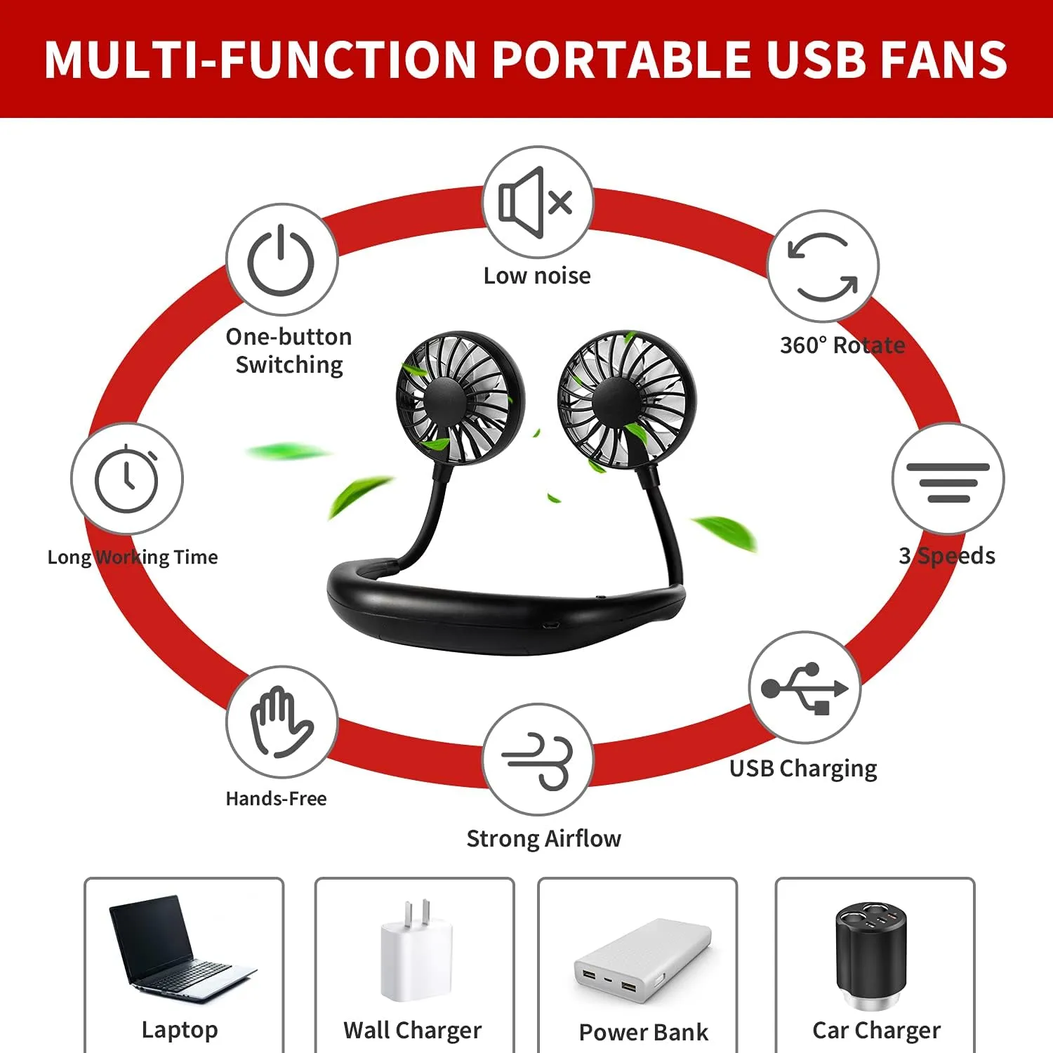 Portable Neck Fan Rechargeable Personal Hand-Free Fan Mini USB Wearable Neckband Sport Fan, 3 Speed Adjustable, 360 Degrees Free Rotation Perfect for Working, Traveling, Office, Reading (Full Black)