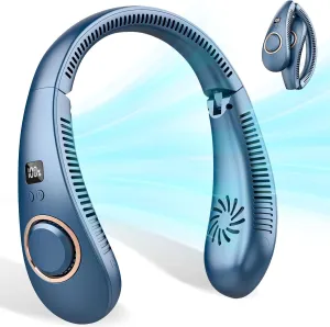 Portable Neck Fan Rechargeable,Personal Fans for Your Neck Battery Operated,Bladeless Folding Neck Fans that Blow Cold Air,Cooling Neck Fan Hands Free,Wearable Necklace Fan for Women Men Kids Blue Small bladeless fan for quiet cooling