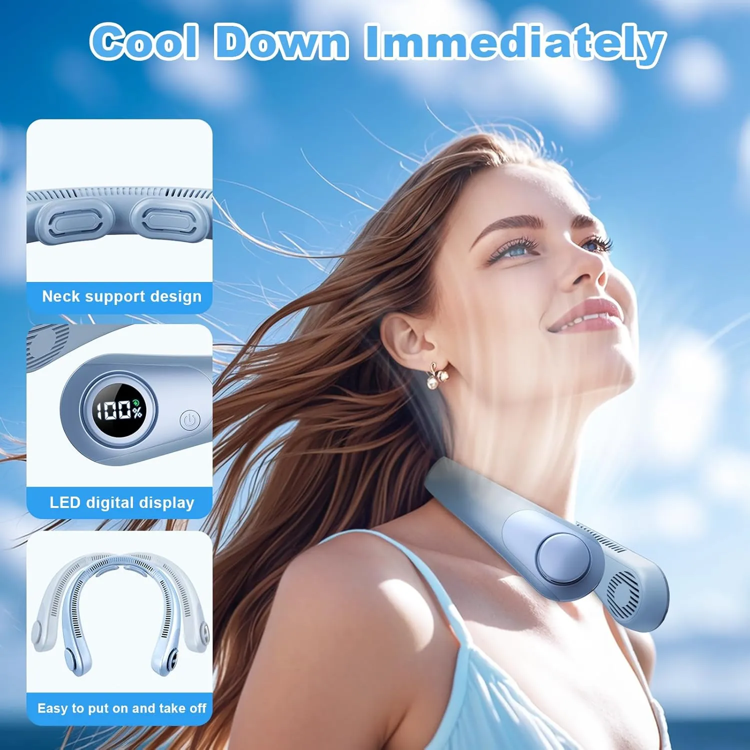 Portable Neck Fan that Blow Cold Air, LED Display, Rechargeable Hands-Free Wearable Cooling Personal Fan, 5 Speed, Neck Support, Bladeless Neck Air Conditioner, Gift for Women/Men, Hot Flashes, Travel