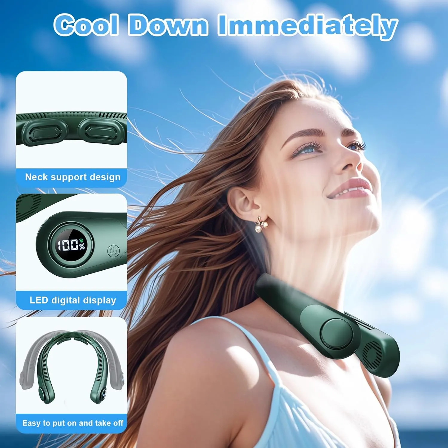 Portable Neck Fan that Blow Cold Air, LED Display, Rechargeable Hands-Free Wearable Cooling Personal Fan, 5 Speed, Neck Support, Bladeless Neck Air Conditioner, Gift for Women/Men, Hot Flashes, Travel