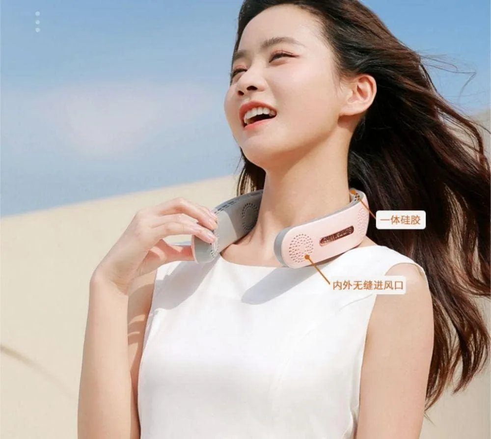 Portable Neck Fan Upgraded Bladeless 4 Turbo Fan The back of the neck is cool and does not sweat 4000mAh USB lazy fan cool blades no hair clip neck fan rechargeable Sports Quiet (Pink)