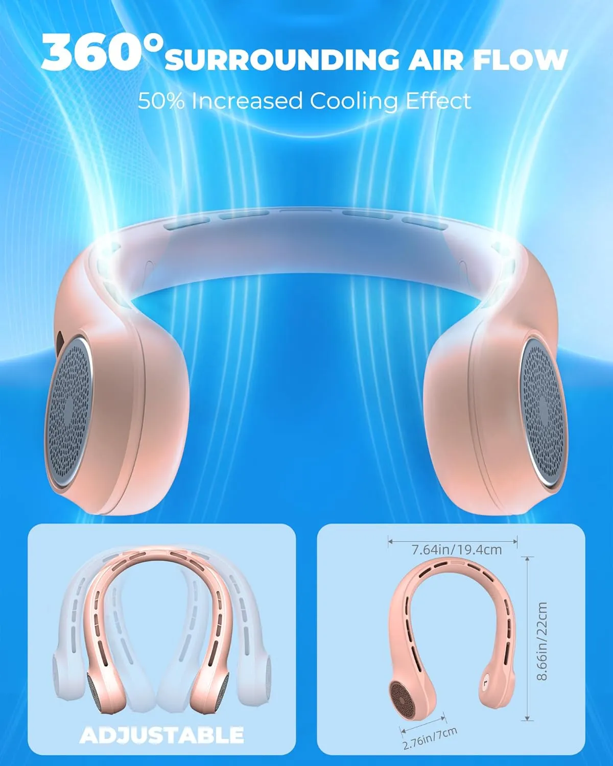 Portable Neck Fan with 4000mAh Rechargeable Battery & LED Display, Personal Cooler for Women/Men, 3-Speed Bladeless 360 Cooling Fans, Stylish Gift for Gym/Travel/Office, Pink