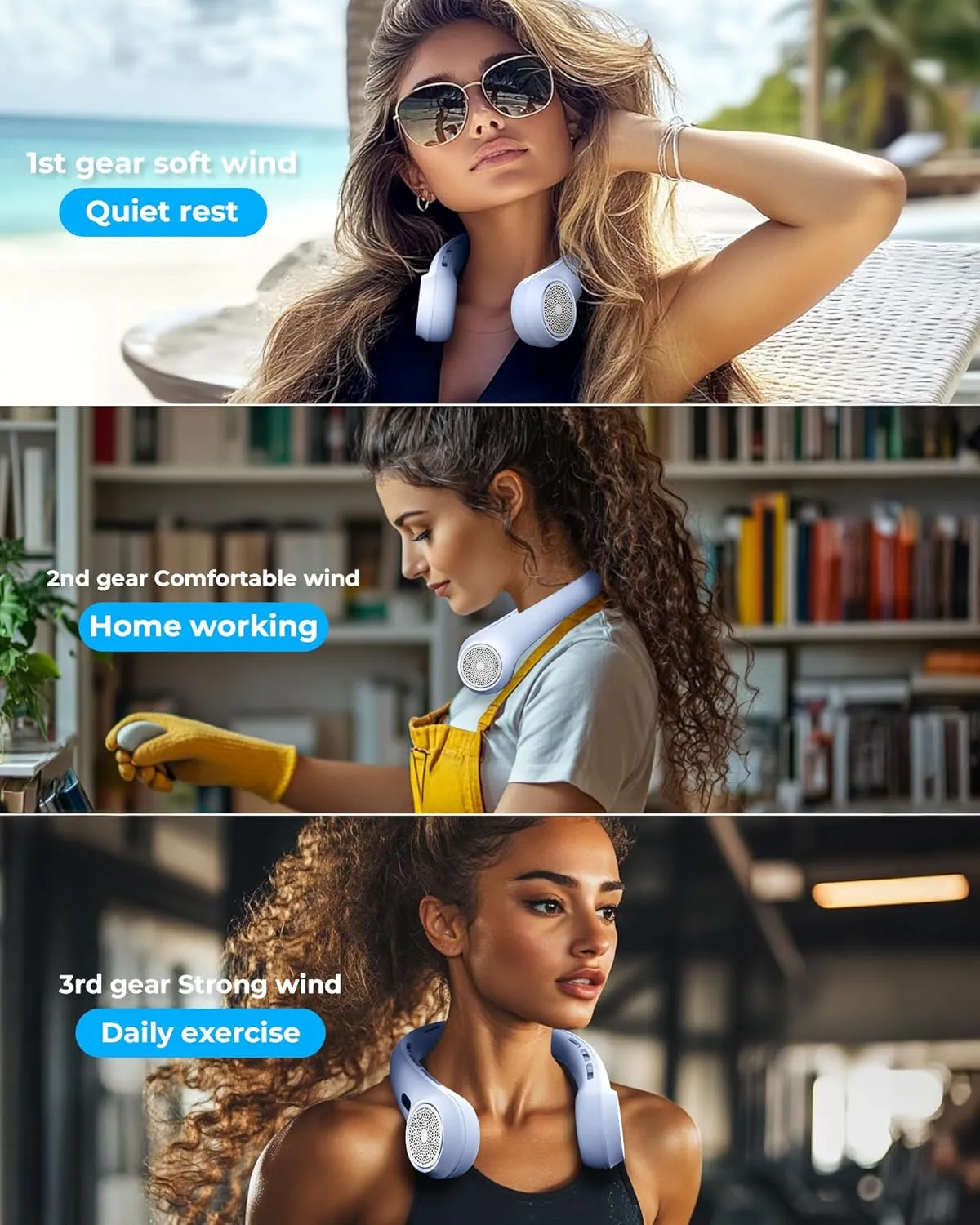 Portable Neck Fan with 4000mAh Rechargeable Battery & LED Display, Personal Cooler for Women/Men, 3-Speed Bladeless 360 Cooling Fans, Stylish Gift for Gym/Travel/Office,Light blue