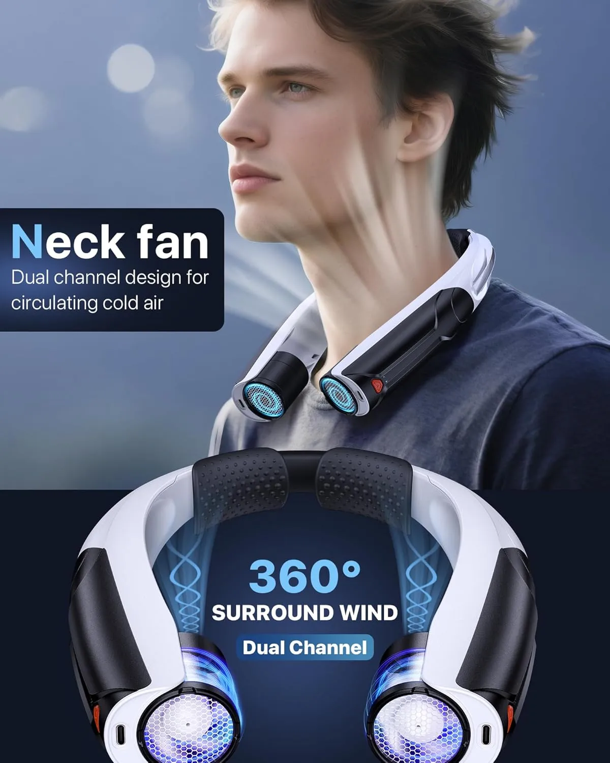 Portable Neck Fan with 6000mAh Battery, USB-C Rechargeable, Black Hands-Free Personal Fan 6 Speeds, 6-20Hrs Cooling for Outdoor Sports/Gym/Office, Adjustable 11oz Lightweight, Neck Cooler
