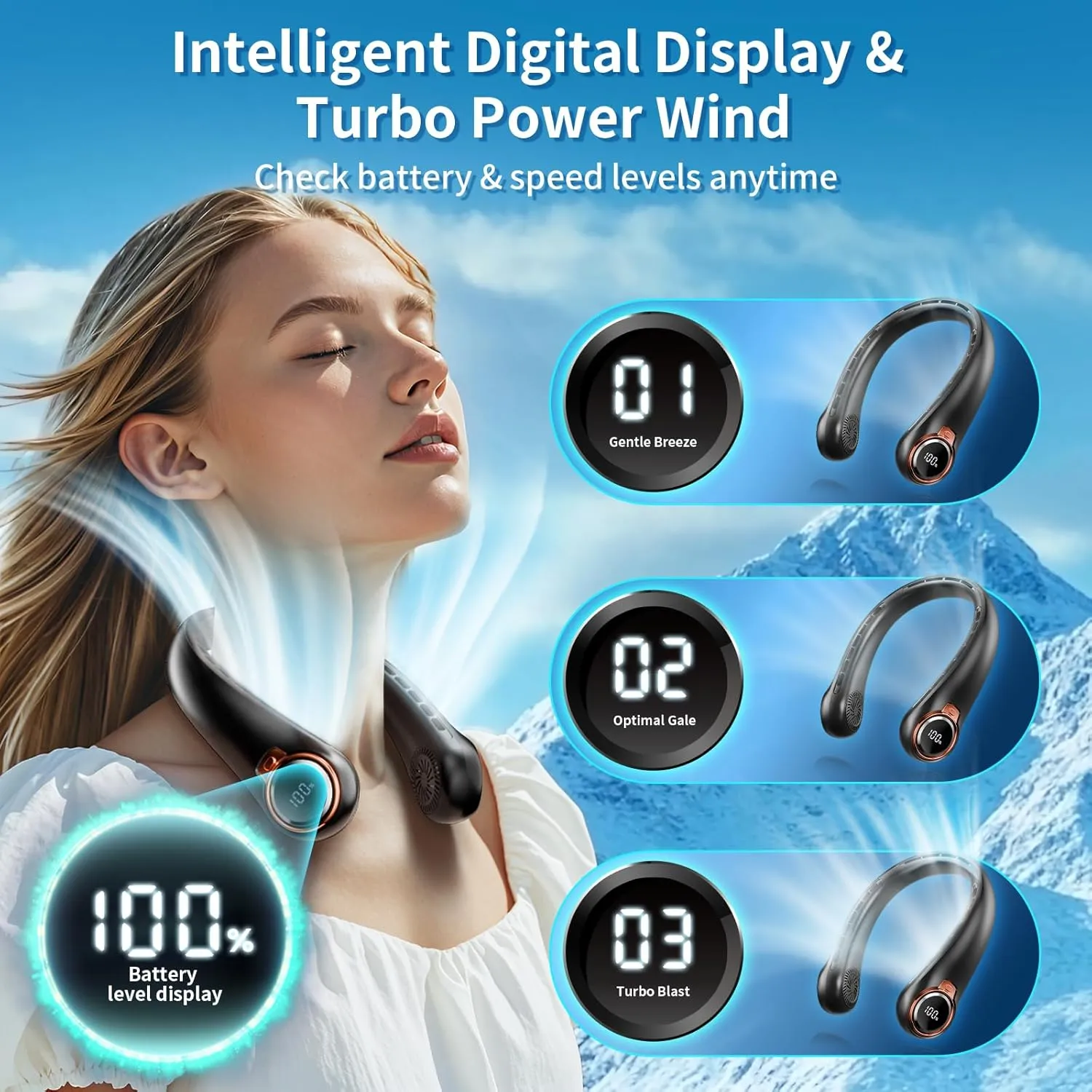 Portable Neck Fan with 6000mAh USB - Rechargeable Battery, Ultra-Light Bladeless Neck Fan LED Display, 360 Cooling Wearable Fan, 3 Speeds (black)