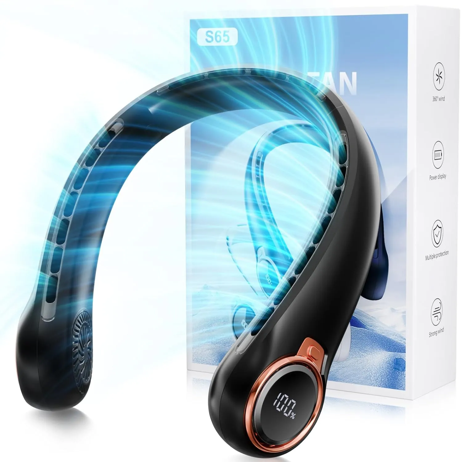 Portable Neck Fan with 6000mAh USB - Rechargeable Battery, Ultra-Light Bladeless Neck Fan LED Display, 360 Cooling Wearable Fan, 3 Speeds (black) Neck fan for hands-free comfort