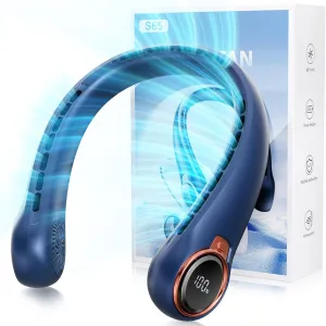 Portable Neck Fan with 6000mAh USB - Rechargeable Battery, Ultra-Light Bladeless Neck Fan LED Display, 360 Cooling Wearable Fan, 3 Speeds (Blue) Neck fan for hands-free comfort