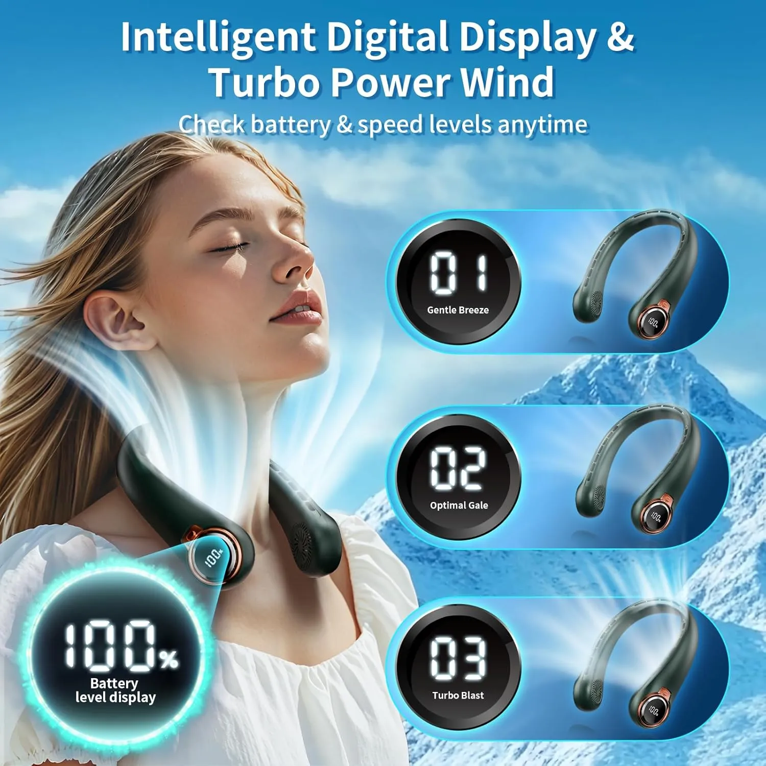 Portable Neck Fan with 6000mAh USB - Rechargeable Battery, Ultra-Light Bladeless Neck Fan LED Display, 360 Cooling Wearable Fan, 3 Speeds (Green)