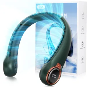 Portable Neck Fan with 6000mAh USB - Rechargeable Battery, Ultra-Light Bladeless Neck Fan LED Display, 360 Cooling Wearable Fan, 3 Speeds (Green) Neck fan for hands-free comfort