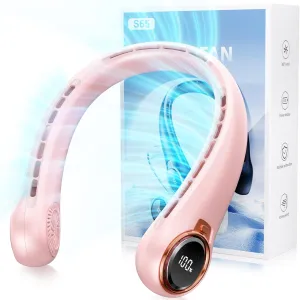 Portable Neck Fan with 6000mAh USB - Rechargeable Battery, Ultra-Light Bladeless Neck Fan LED Display, 360 Cooling Wearable Fan, 3 Speeds (Pink) Neck fan for hands-free comfort
