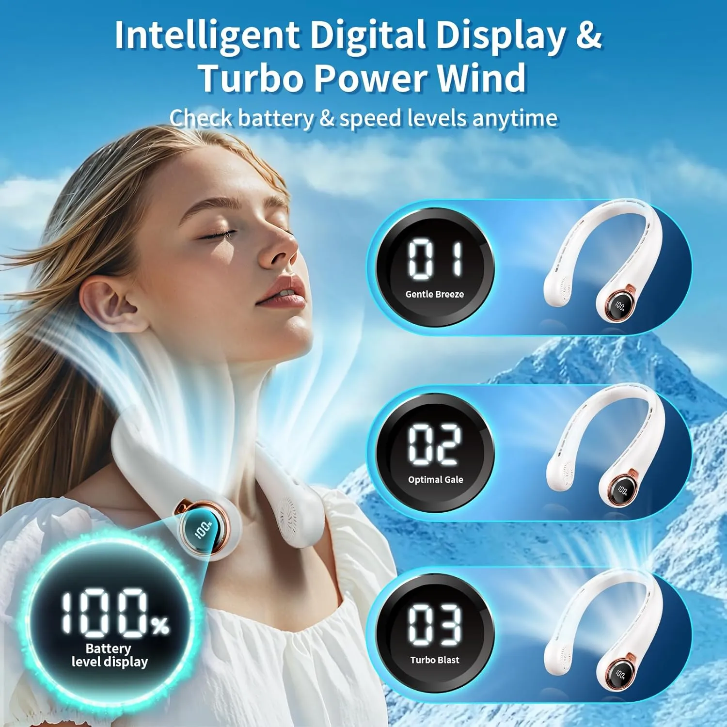 Portable Neck Fan with 6000mAh USB - Rechargeable Battery, Ultra-Light Bladeless Neck Fan LED Display, 360 Cooling Wearable Fan, 3 Speeds (White)
