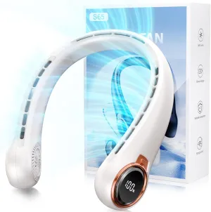 Portable Neck Fan with 6000mAh USB - Rechargeable Battery, Ultra-Light Bladeless Neck Fan LED Display, 360 Cooling Wearable Fan, 3 Speeds (White) Neck fan for hands-free comfort