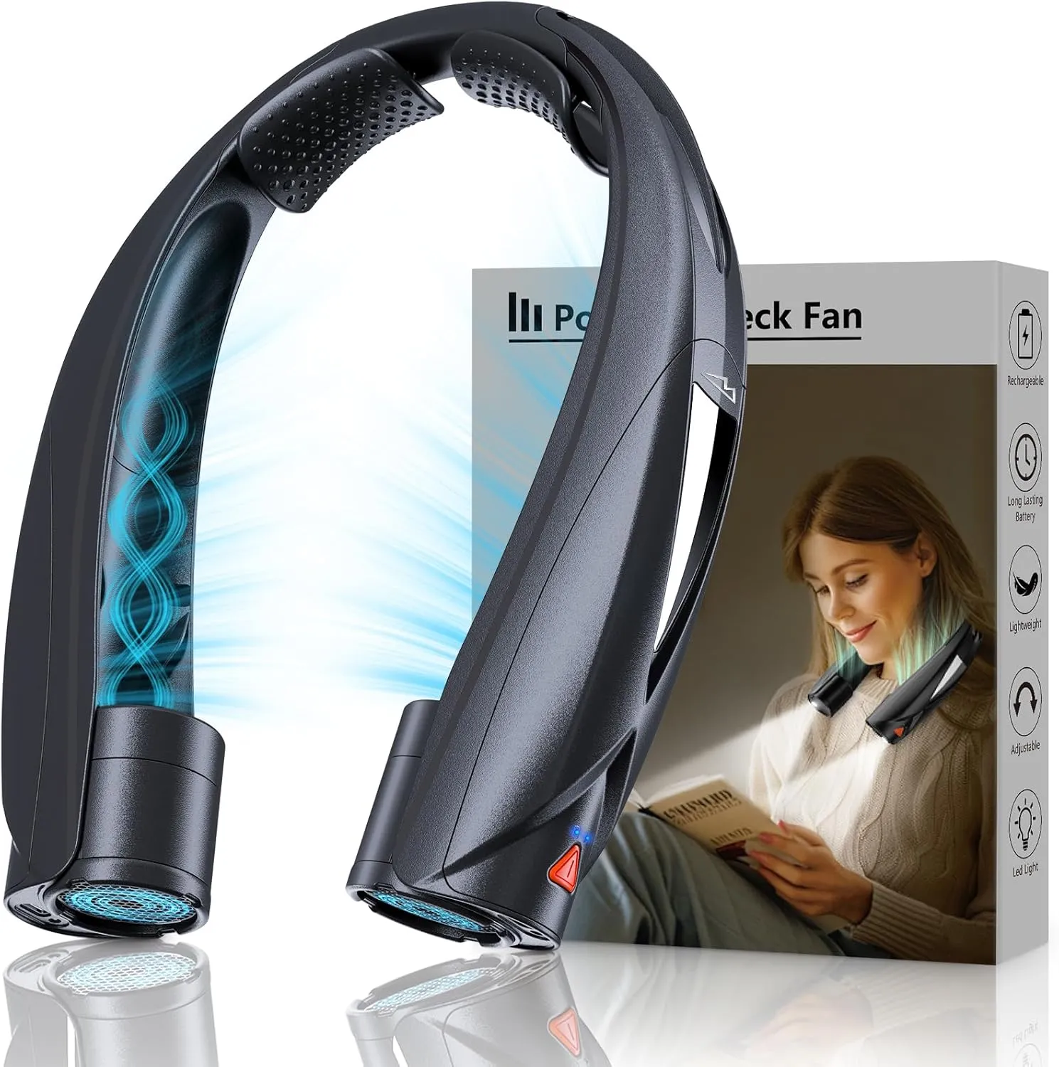 Portable Neck Fan - with LED Book Light, 6-20 Hrs Long Battery, 6-Speed Adjustable, USB-C Rechargeable, Ultra Quiet, Hands-Free Personal Cooling for Men Women Outdoor Indoor Neck fan for hands-free comfort