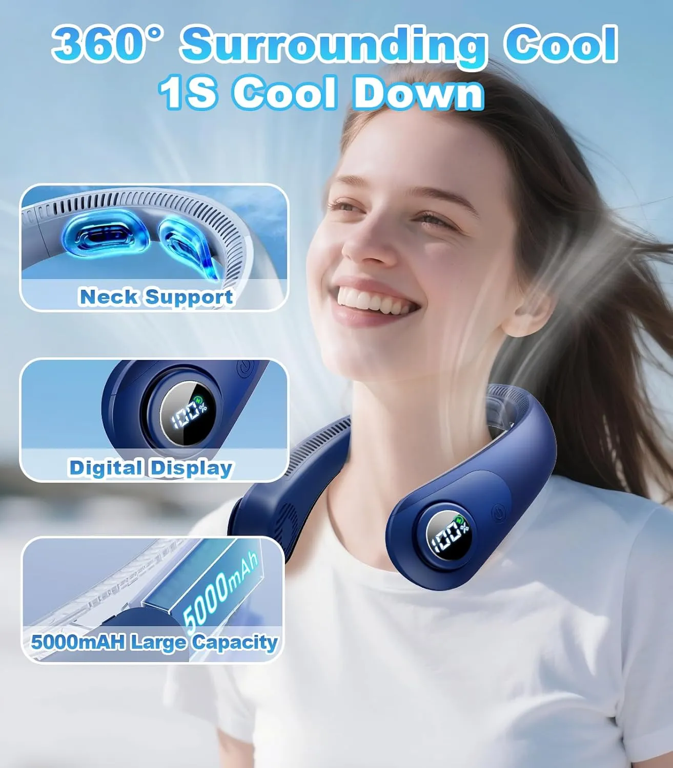 Portable Neck Fan With LED Display, Hands-free 5 Speeds Cooling, Neck Support, Lightweight, Battery Operated, Personal Bladeless Fan Rechargeable, Gift for Women Men, Hot Flashes, Travel, Camping