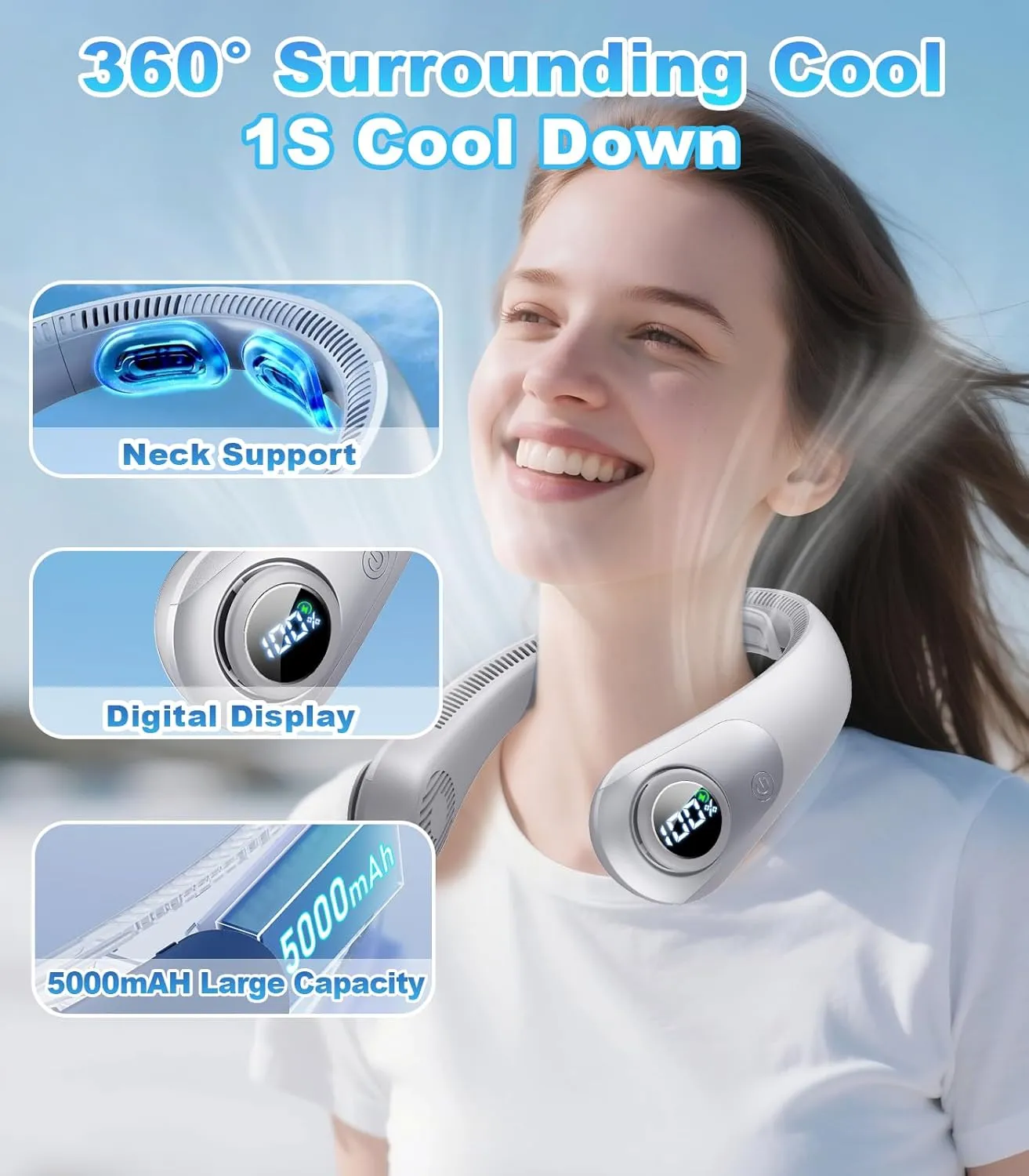 Portable Neck Fan With LED Display, Hands-free 5 Speeds Cooling, Neck Support, Lightweight, Battery Operated, Personal Bladeless Fan Rechargeable, Gift for Women Men, Hot Flashes, Travel, Camping