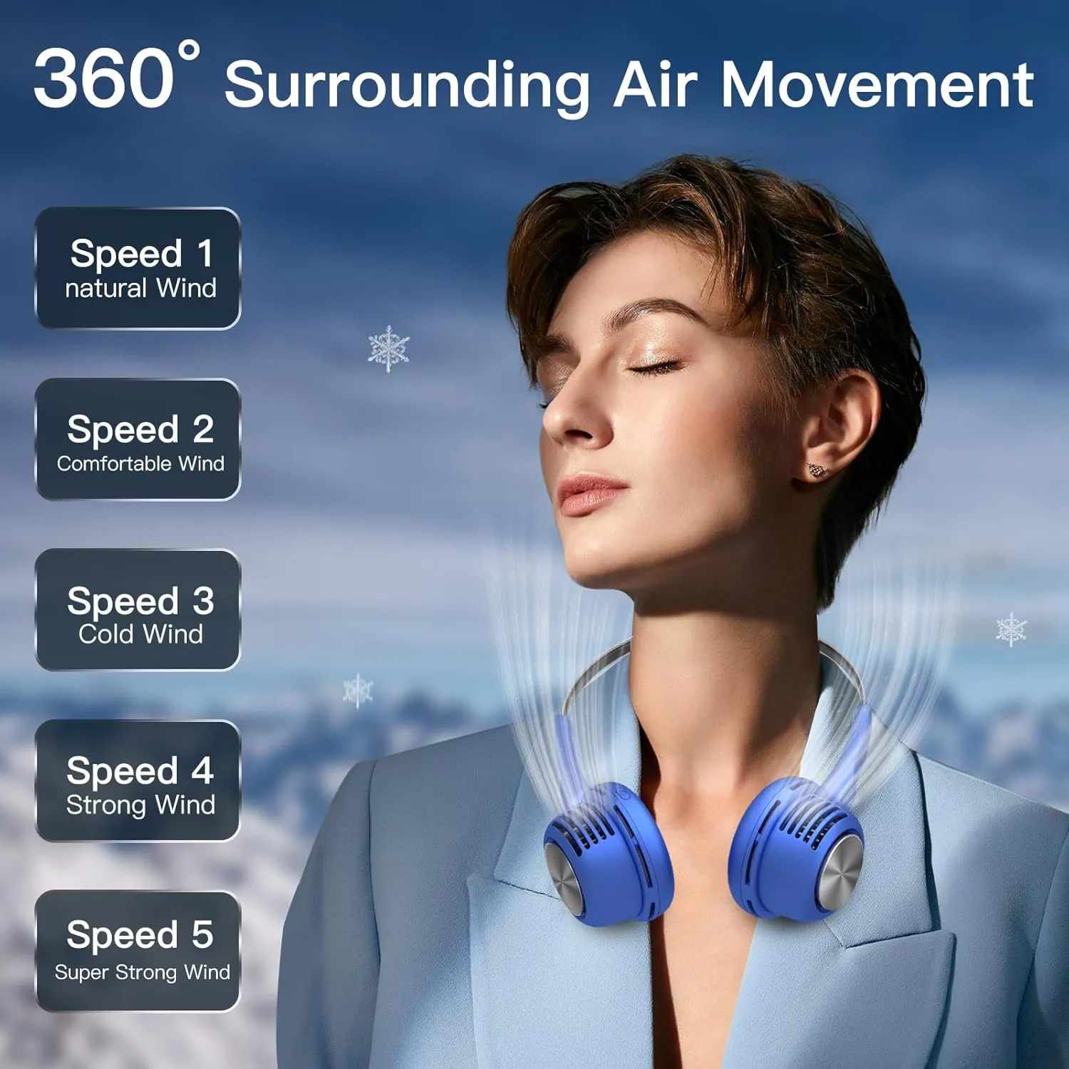 Portable Neck Fan,Hands Free Bladeless Fan,USB Rechargeable Wearable Cooling Personal Fan, 360 Cooling 5 Speeds Adjustable Strong Wind for Men Women for Outdoor & Indoor (Light Blue)