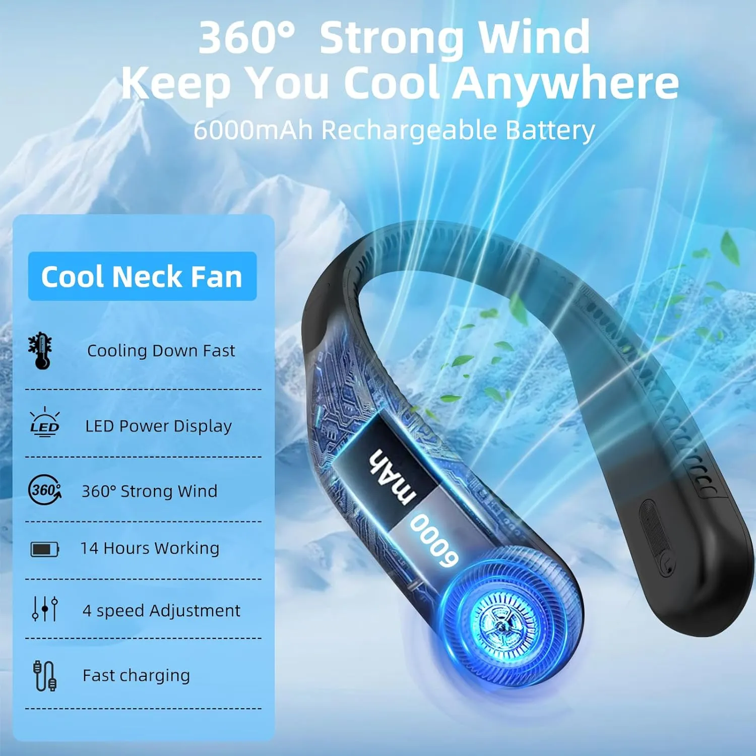 Portable Neck Fan,Personal Hands Free Bladeless Fan,360 Cooling Fan,LED Display,4-Speeds,6000mAh Rechargeable Quick,Long Use Time,Wearable Fan,Birthday Gifts for Men Women Dad Mom (Black)