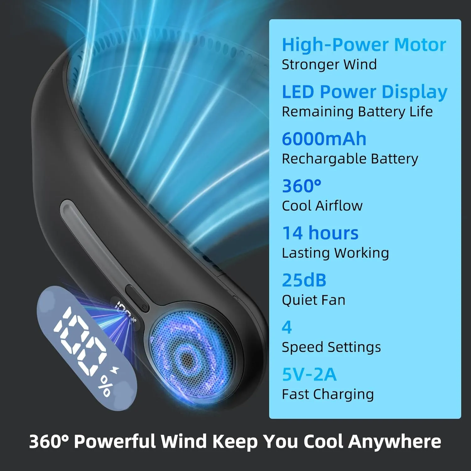 Portable Neck Fan,Personal Hands Free Bladeless Fan,360 Cooling Fan,LED Display,4-Speeds,6000mAh Rechargeable Quick,Long Use Time,Wearable Fan,Birthday Gifts for Men Women Dad Mom (Black)