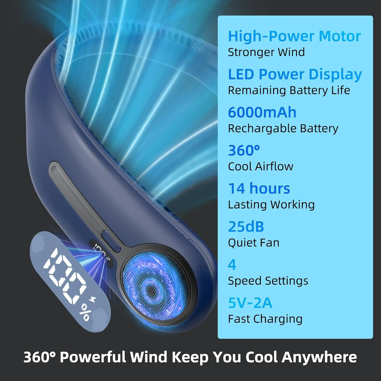 Portable Neck Fan,Personal Hands Free Bladeless Fan,360 Cooling Fan,LED Display,4-Speeds,6000mAh Rechargeable Quick,Long Use Time,Wearable Fan,Birthday Gifts for Men Women Dad Mom (Blue)