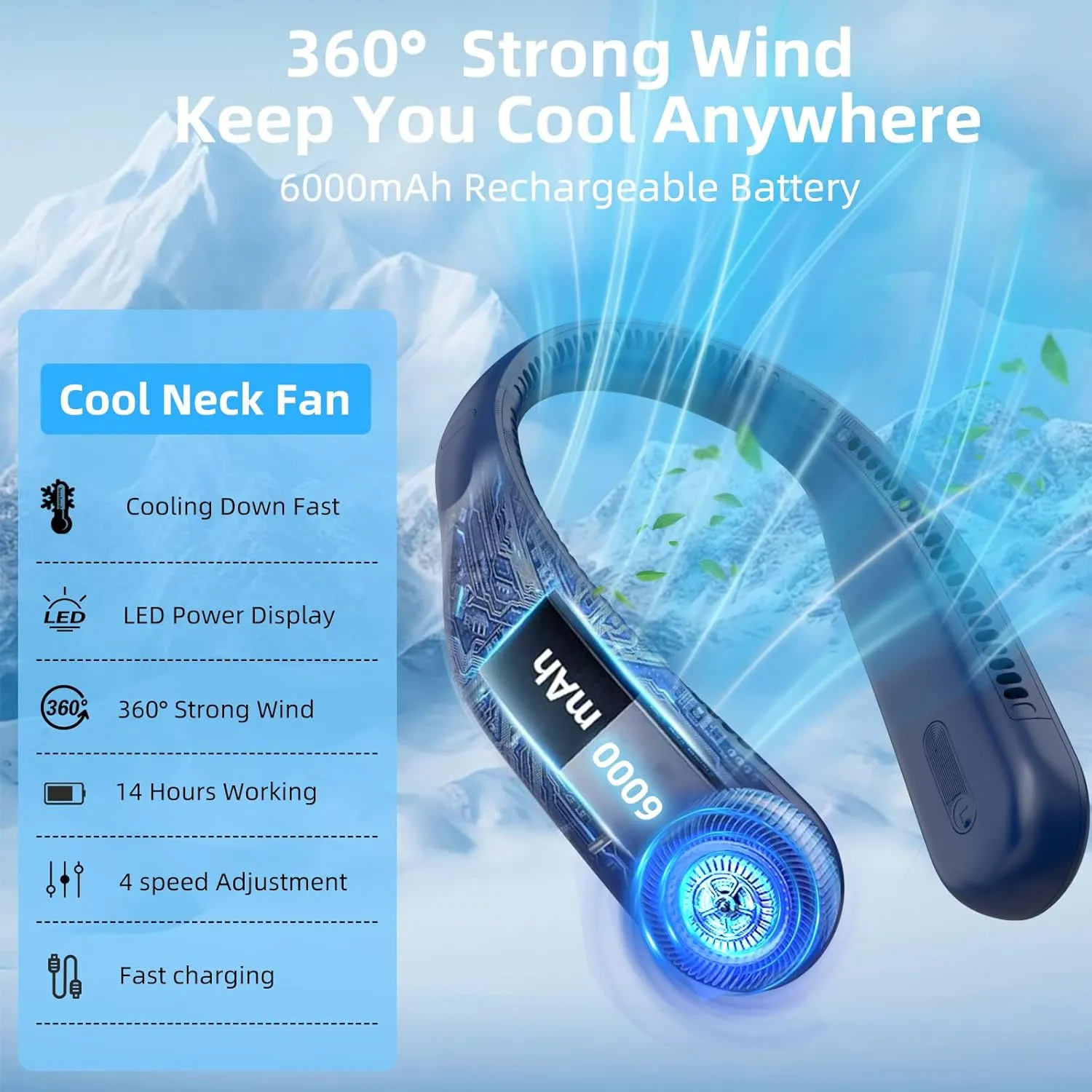 Portable Neck Fan,Personal Hands Free Bladeless Fan,360 Cooling Fan,LED Display,4-Speeds,6000mAh Rechargeable Quick,Long Use Time,Wearable Fan,Birthday Gifts for Men Women Dad Mom (Blue)