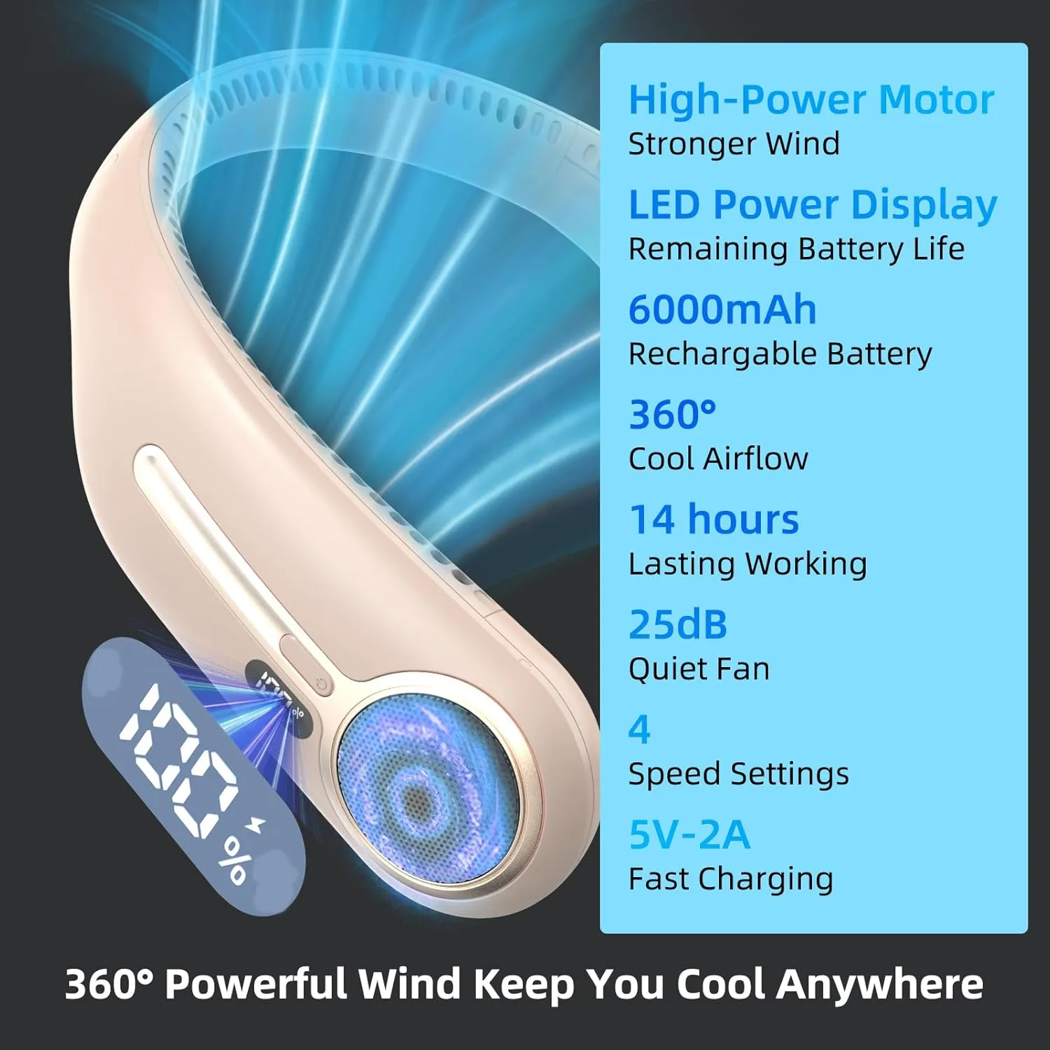 Portable Neck Fan,Personal Hands Free Bladeless Fan,360 Cooling Fan,LED Display,4-Speeds,6000mAh Rechargeable Quick,Long Use Time,Wearable Fan,Birthday Gifts for Men Women Dad Mom (Brown)