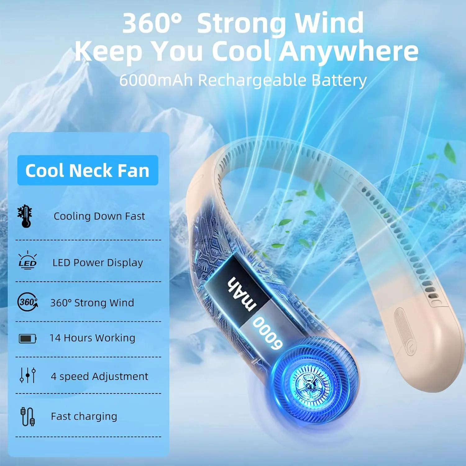 Portable Neck Fan,Personal Hands Free Bladeless Fan,360 Cooling Fan,LED Display,4-Speeds,6000mAh Rechargeable Quick,Long Use Time,Wearable Fan,Birthday Gifts for Men Women Dad Mom (Brown)