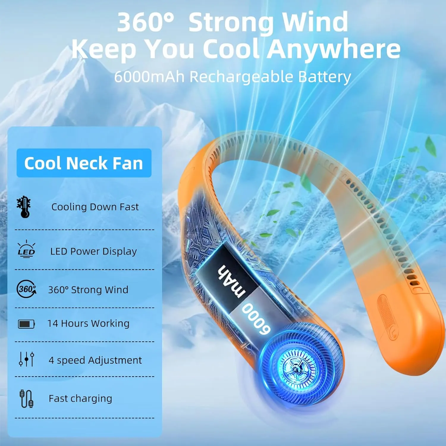 Portable Neck Fan,Personal Hands Free Bladeless Fan,360 Cooling Fan,LED Display,4-Speeds,6000mAh Rechargeable Quick,Long Use Time,Wearable Fan,Birthday Gifts for Men Women Dad Mom (Orange)