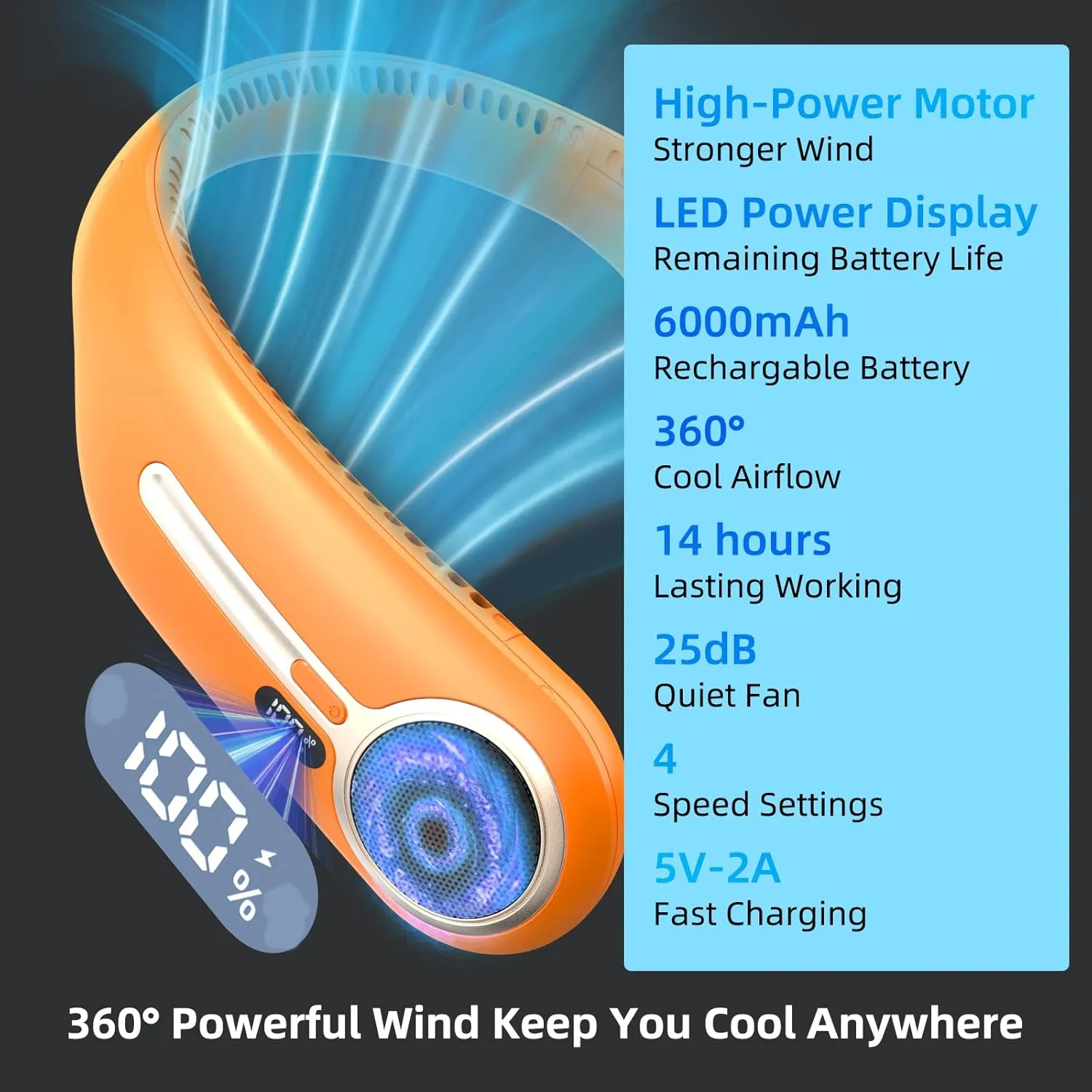 Portable Neck Fan,Personal Hands Free Bladeless Fan,360 Cooling Fan,LED Display,4-Speeds,6000mAh Rechargeable Quick,Long Use Time,Wearable Fan,Birthday Gifts for Men Women Dad Mom (Orange)