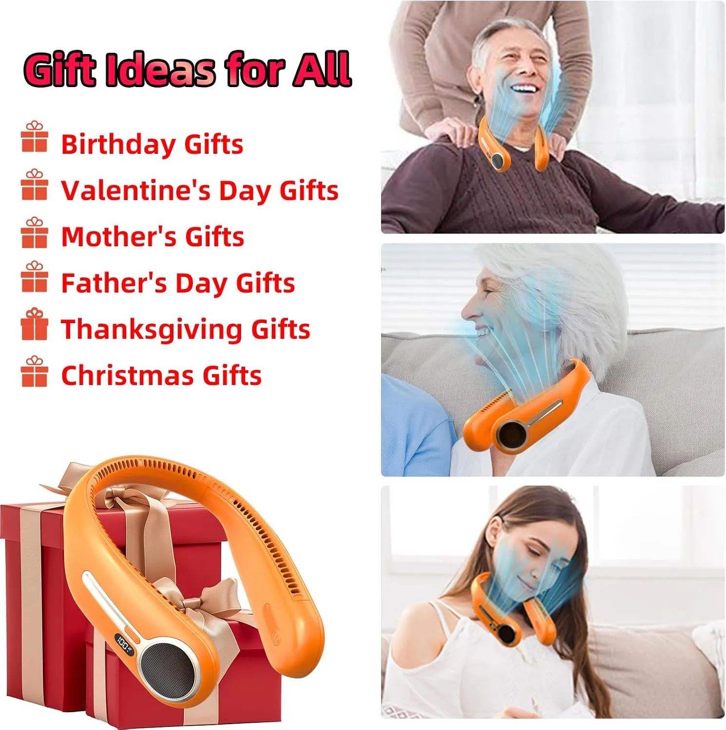Portable Neck Fan,Personal Hands Free Bladeless Fan,360 Cooling Fan,LED Display,4-Speeds,6000mAh Rechargeable Quick,Long Use Time,Wearable Fan,Birthday Gifts for Men Women Dad Mom (Orange)