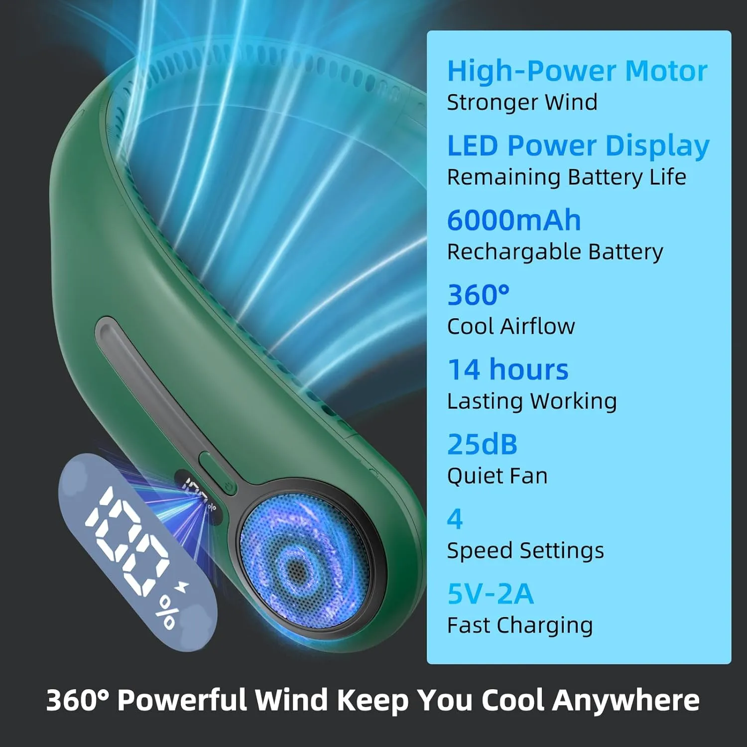 Portable Neck Fan,Personal Hands Free Bladeless Fan,360 Cooling Fan,LED Display,4-Speeds,6000mAh Rechargeable Quick,Long Use Time,Wearable Fan,Birthday Gifts for Men Women (Dark green)