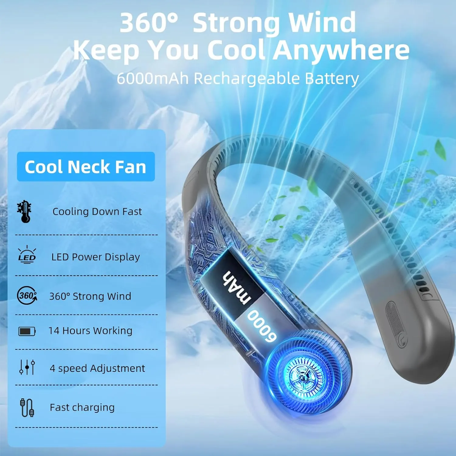 Portable Neck Fan,Personal Hands Free Bladeless Fan,360 Cooling Fan,LED Display,4-Speeds,6000mAh Rechargeable Quick,Long Use Time,Wearable Fan,Birthday Gifts for Men Women (Dark grey)