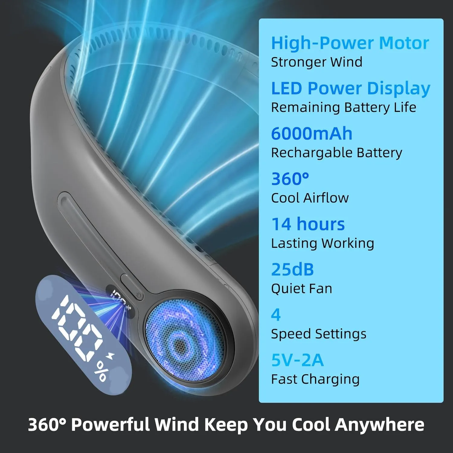 Portable Neck Fan,Personal Hands Free Bladeless Fan,360 Cooling Fan,LED Display,4-Speeds,6000mAh Rechargeable Quick,Long Use Time,Wearable Fan,Birthday Gifts for Men Women (Dark grey)