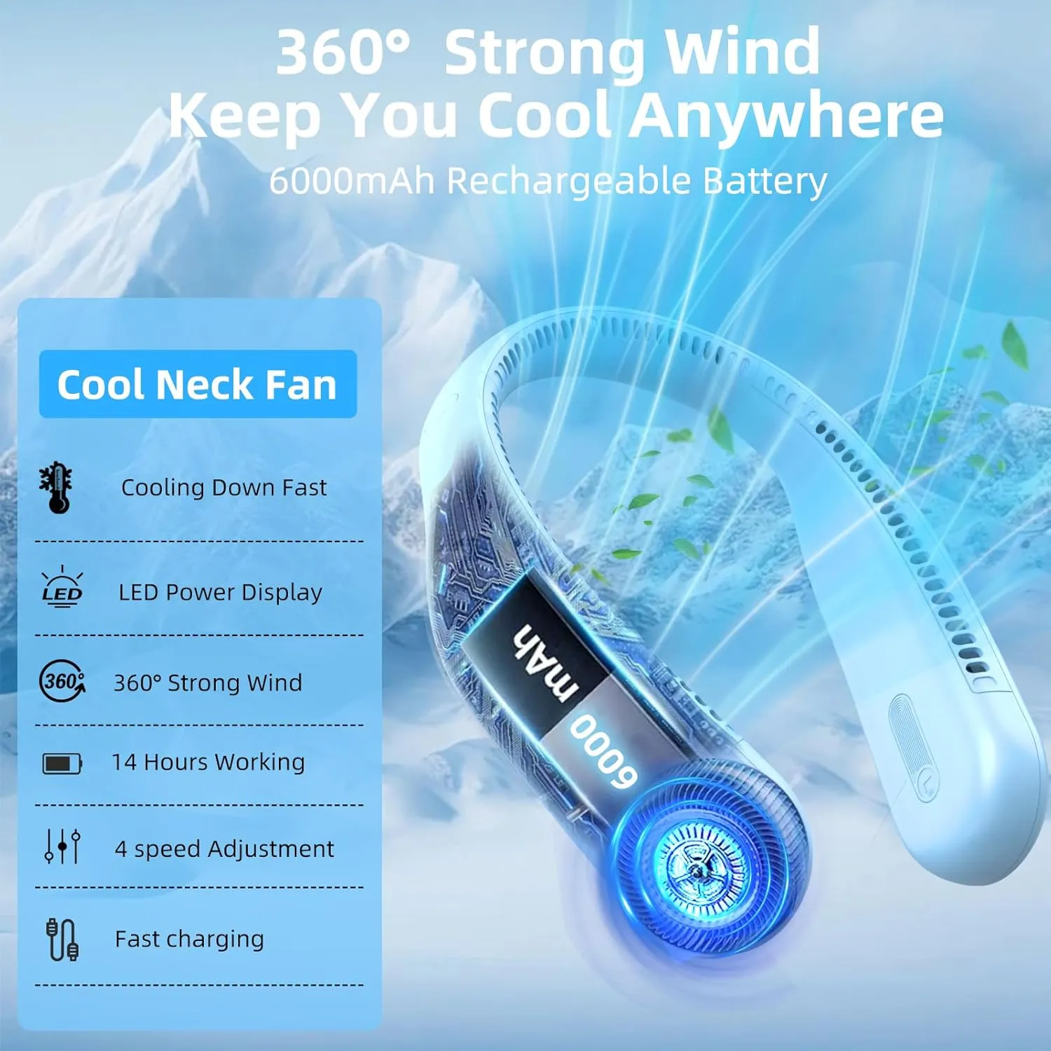 Portable Neck Fan,Personal Hands Free Bladeless Fan,360 Cooling Fan,LED Display,4-Speeds,6000mAh Rechargeable Quick,Long Use Time,Wearable Fan,Birthday Gifts for Men Women (Light blue)