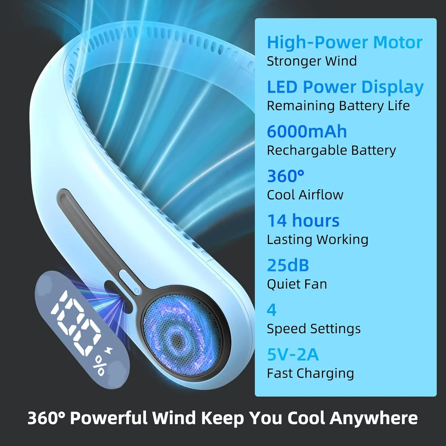 Portable Neck Fan,Personal Hands Free Bladeless Fan,360 Cooling Fan,LED Display,4-Speeds,6000mAh Rechargeable Quick,Long Use Time,Wearable Fan,Birthday Gifts for Men Women (Light blue)